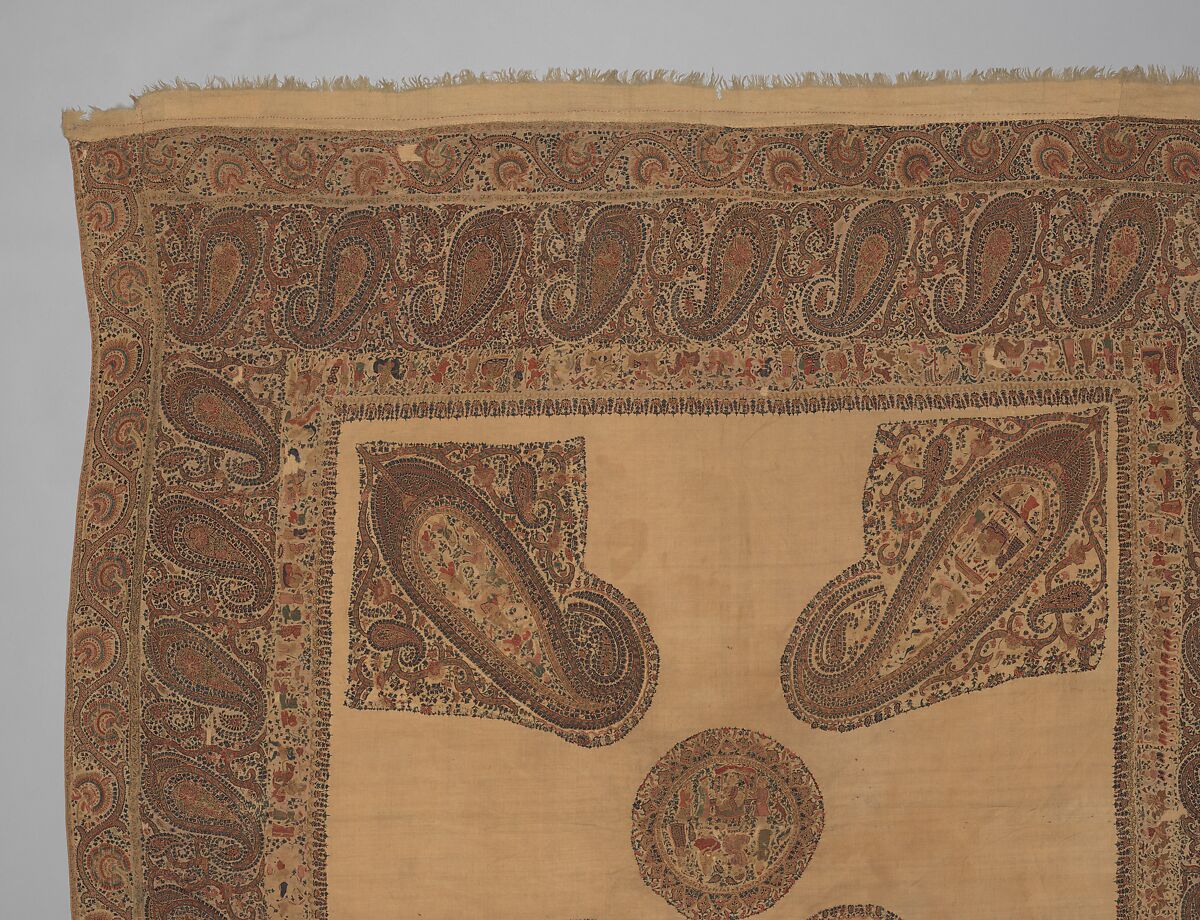 Shawl, Wool; plain weave, appliquéd with embroidered panels