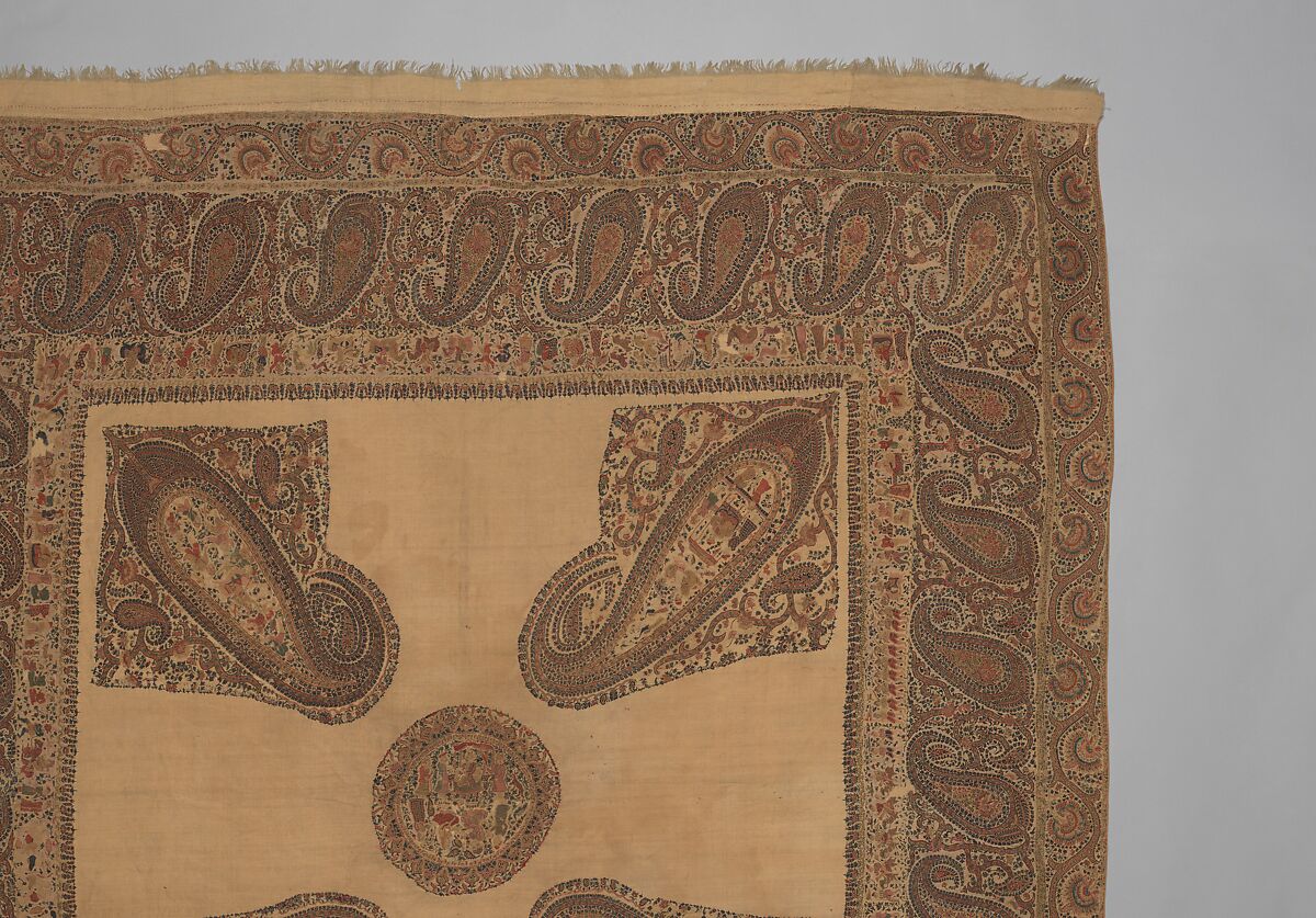 Shawl, Wool; plain weave, appliquéd with embroidered panels