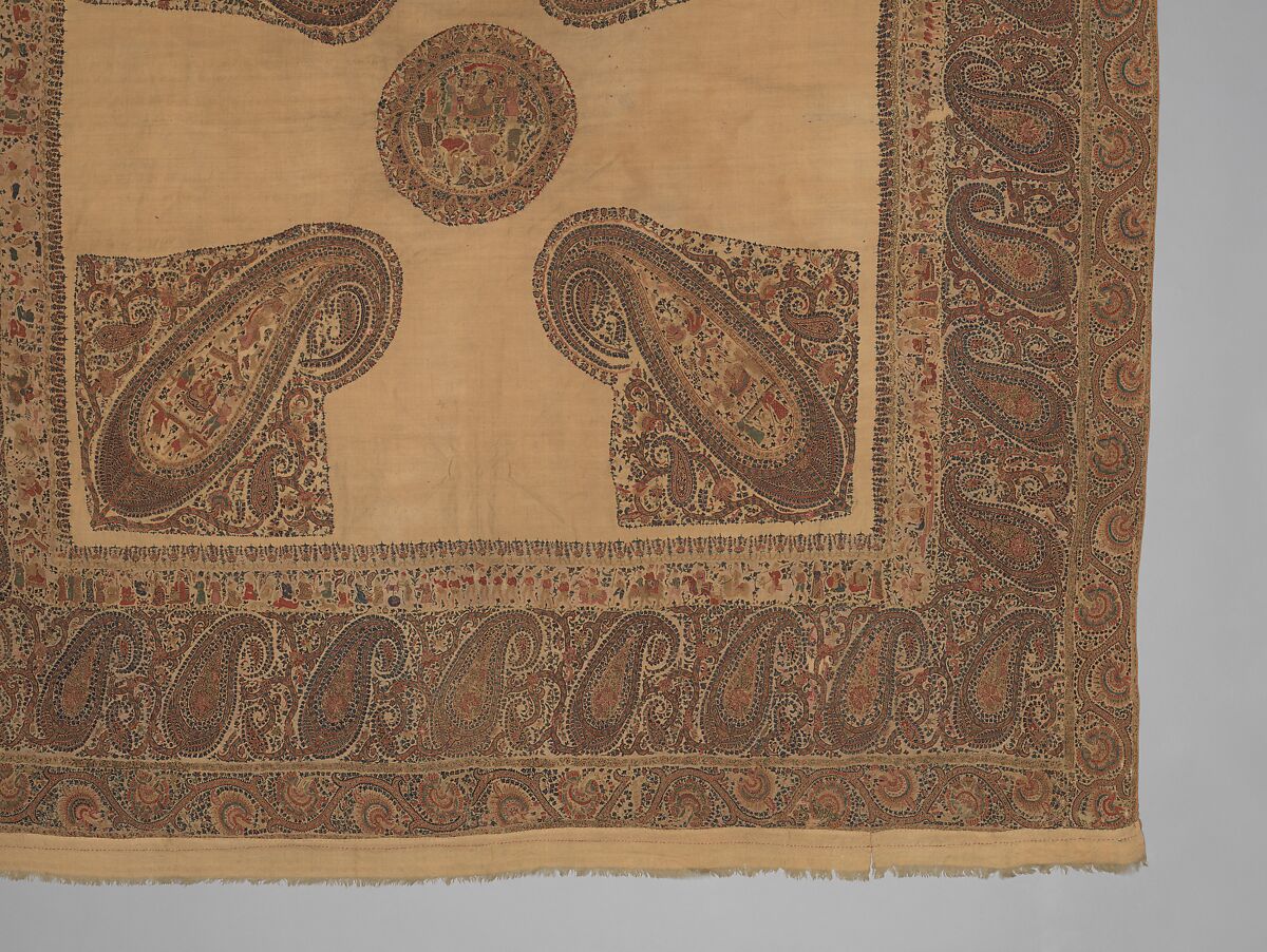 Shawl, Wool; plain weave, appliquéd with embroidered panels