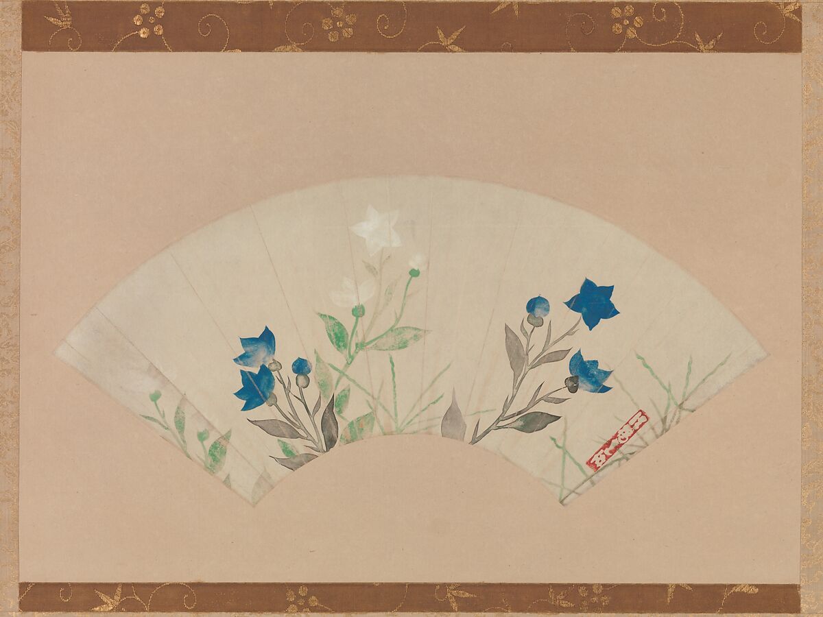 Chinese Bellflowers, Follower of Ogata Kōrin (Japanese, 1658–1716), Folding fan remounted as a hanging scroll; ink and color on paper, Japan 