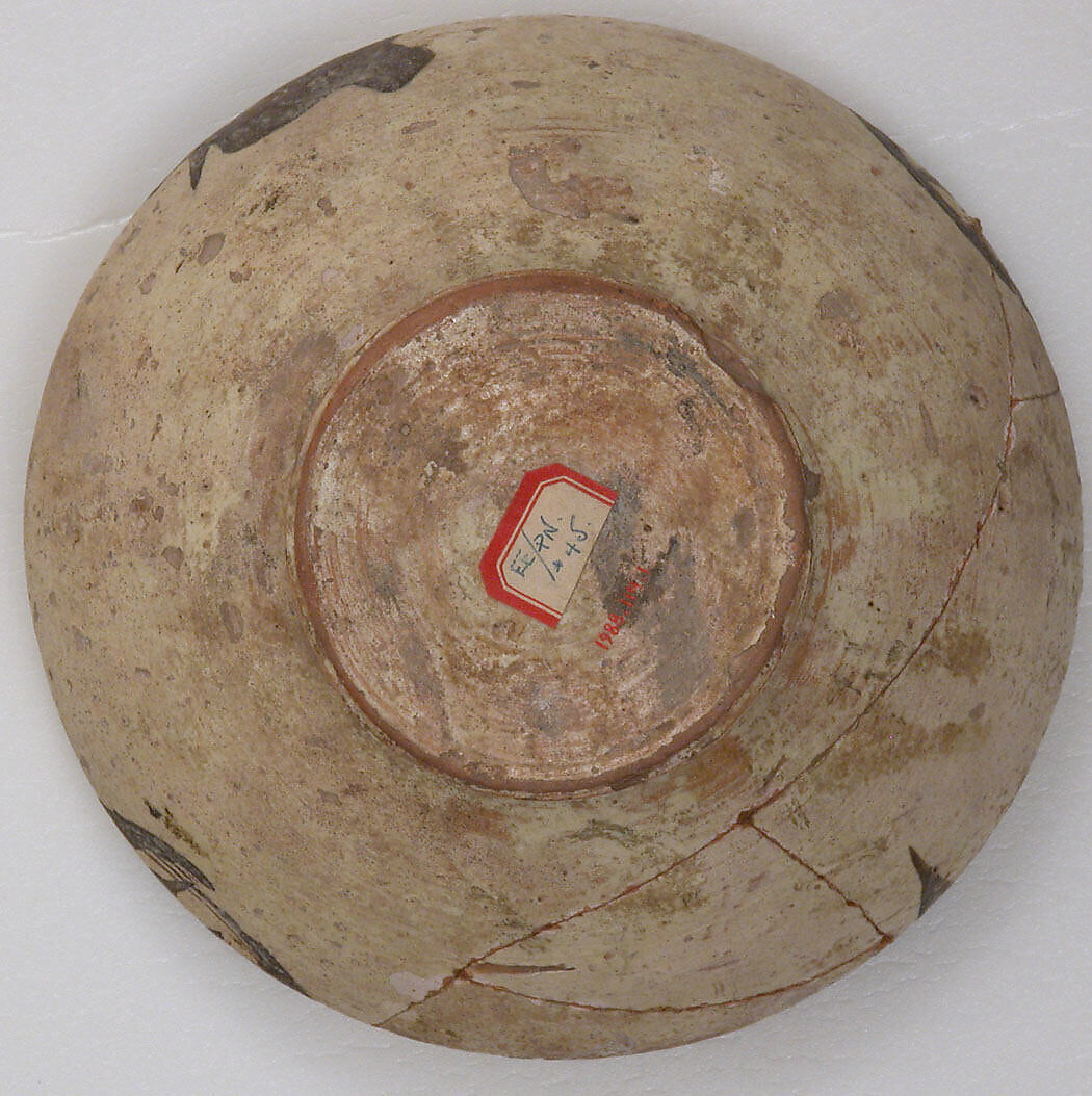 Bowl, Earthenware; white slip, black slip decoration, under transparent glaze