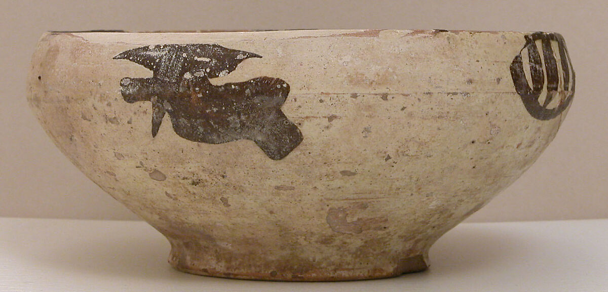 Bowl, Earthenware; white slip, black slip decoration, under transparent glaze