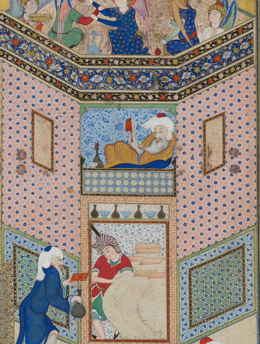 "Allegory of Worldly and Otherworldly Drunkenness", Folio from the Divan of Hafiz, Hafiz (Iranian, Shiraz ca. 1325–1390 Shiraz), Opaque watercolor, ink, and gold on paper