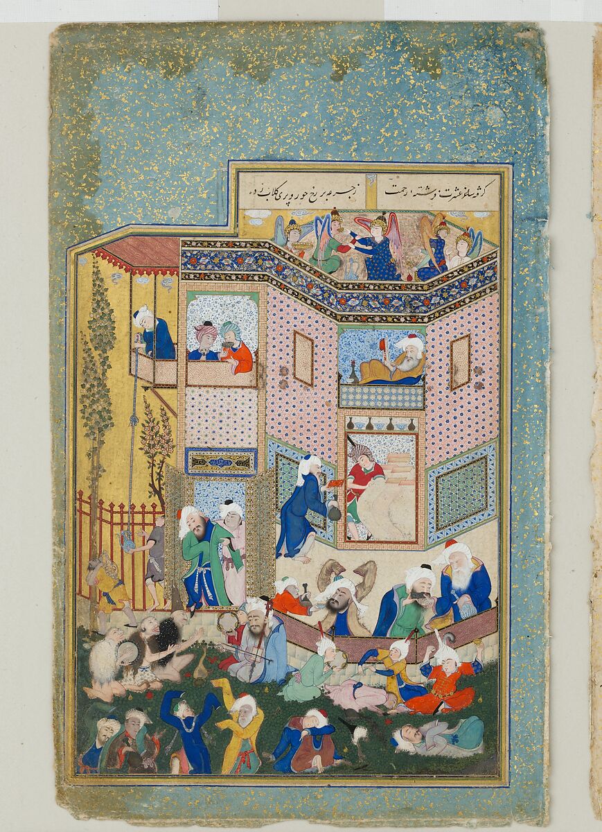 "Allegory of Worldly and Otherworldly Drunkenness", Folio from the Divan of Hafiz, Hafiz  Iranian, Opaque watercolor, ink, and gold on paper