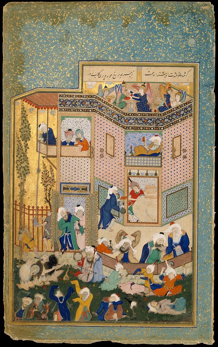 "Allegory of Worldly and Otherworldly Drunkenness", Folio from the Divan of Hafiz, Hafiz (Iranian, Shiraz ca. 1325–1390 Shiraz), Opaque watercolor, ink, and gold on paper