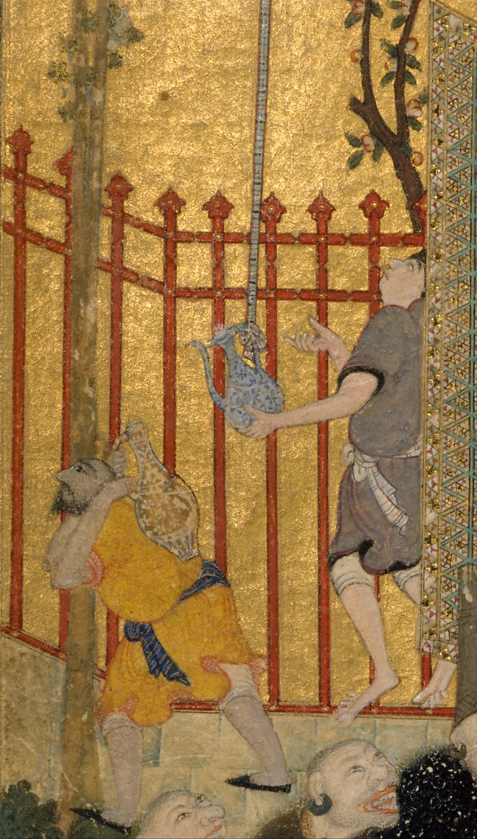 "Allegory of Worldly and Otherworldly Drunkenness", Folio from the Divan of Hafiz, Hafiz (Iranian, Shiraz ca. 1325–1390 Shiraz), Opaque watercolor, ink, and gold on paper