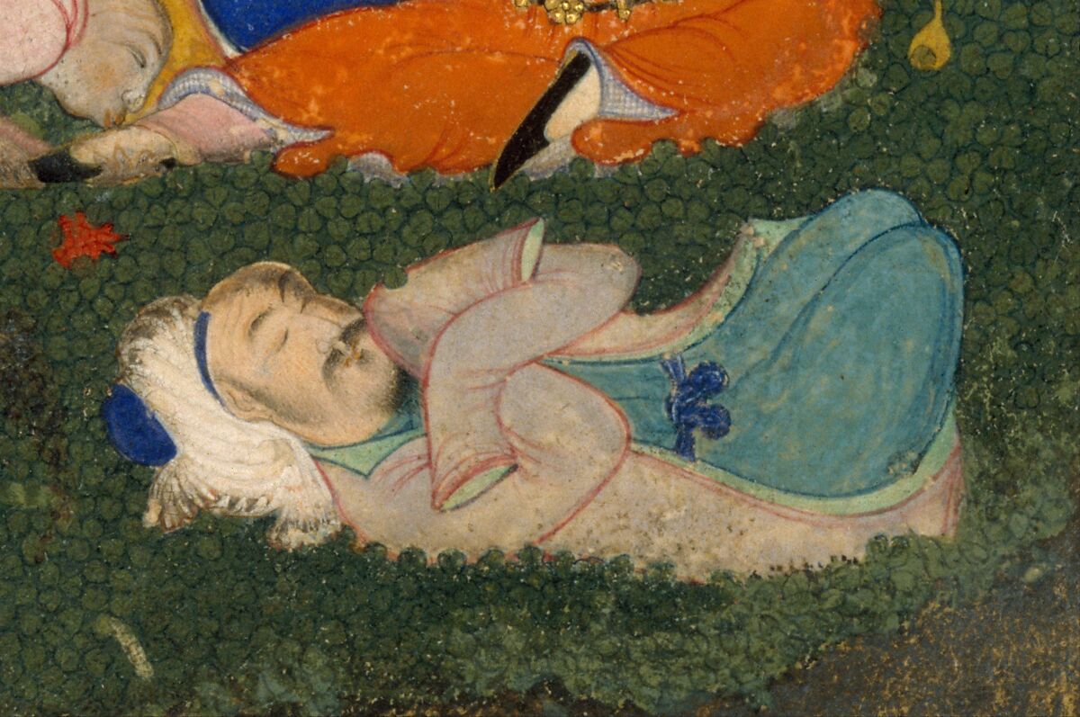 "Allegory of Worldly and Otherworldly Drunkenness", Folio from the Divan of Hafiz, Hafiz (Iranian, Shiraz ca. 1325–1390 Shiraz), Opaque watercolor, ink, and gold on paper