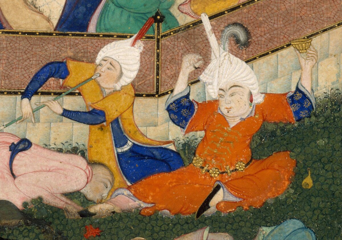 "Allegory of Worldly and Otherworldly Drunkenness", Folio from the Divan of Hafiz, Hafiz (Iranian, Shiraz ca. 1325–1390 Shiraz), Opaque watercolor, ink, and gold on paper
