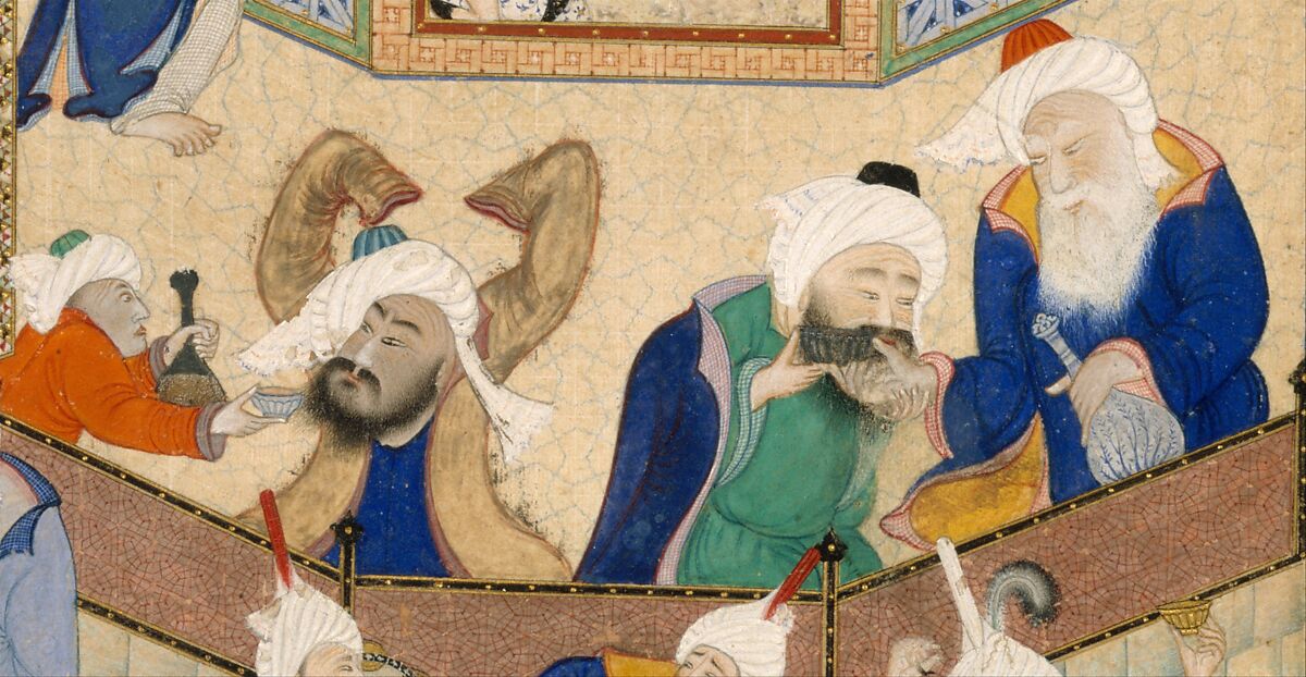 "Allegory of Worldly and Otherworldly Drunkenness", Folio from the Divan of Hafiz, Hafiz (Iranian, Shiraz ca. 1325–1390 Shiraz), Opaque watercolor, ink, and gold on paper