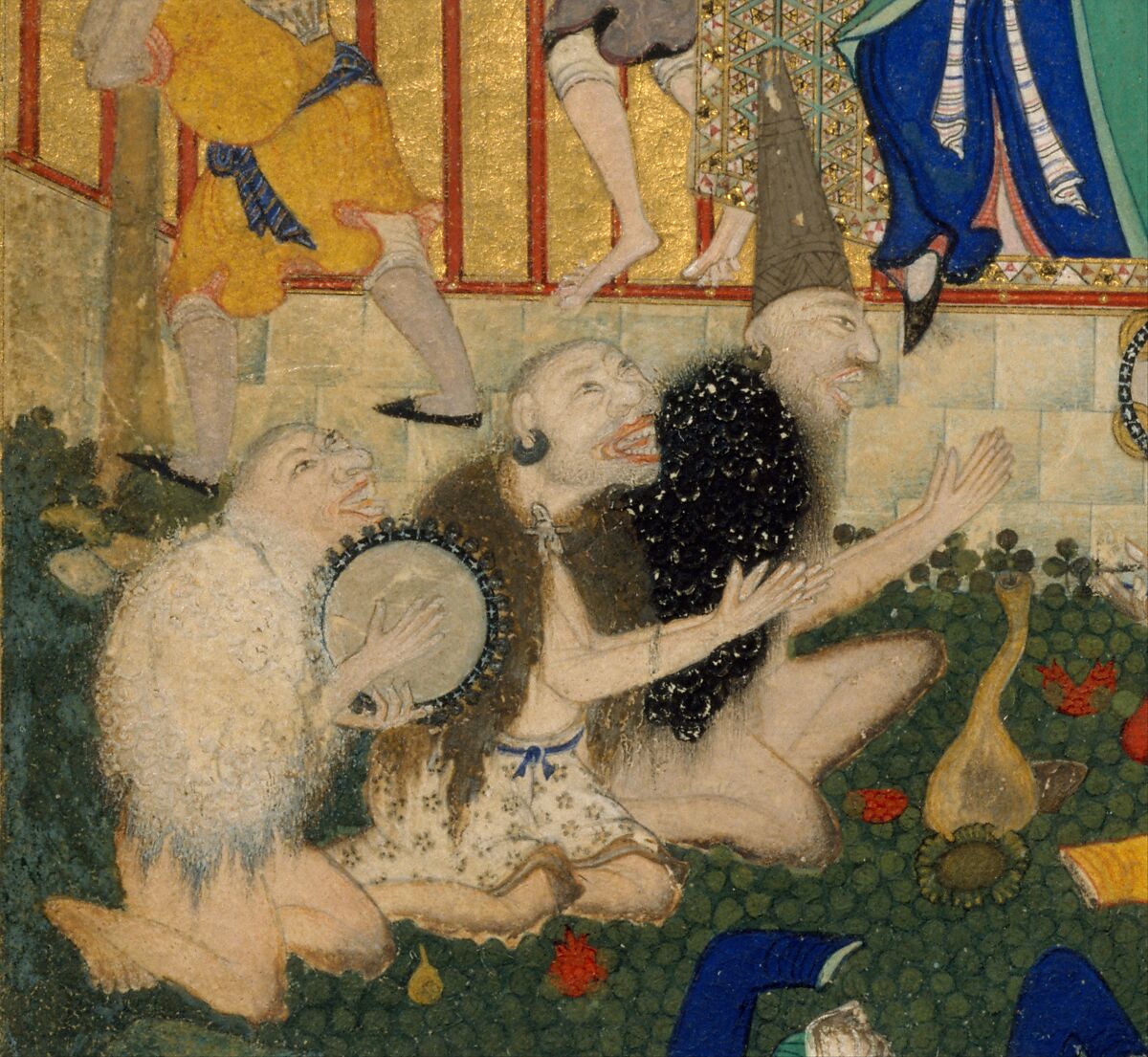 "Allegory of Worldly and Otherworldly Drunkenness", Folio from the Divan of Hafiz, Hafiz (Iranian, Shiraz ca. 1325–1390 Shiraz), Opaque watercolor, ink, and gold on paper