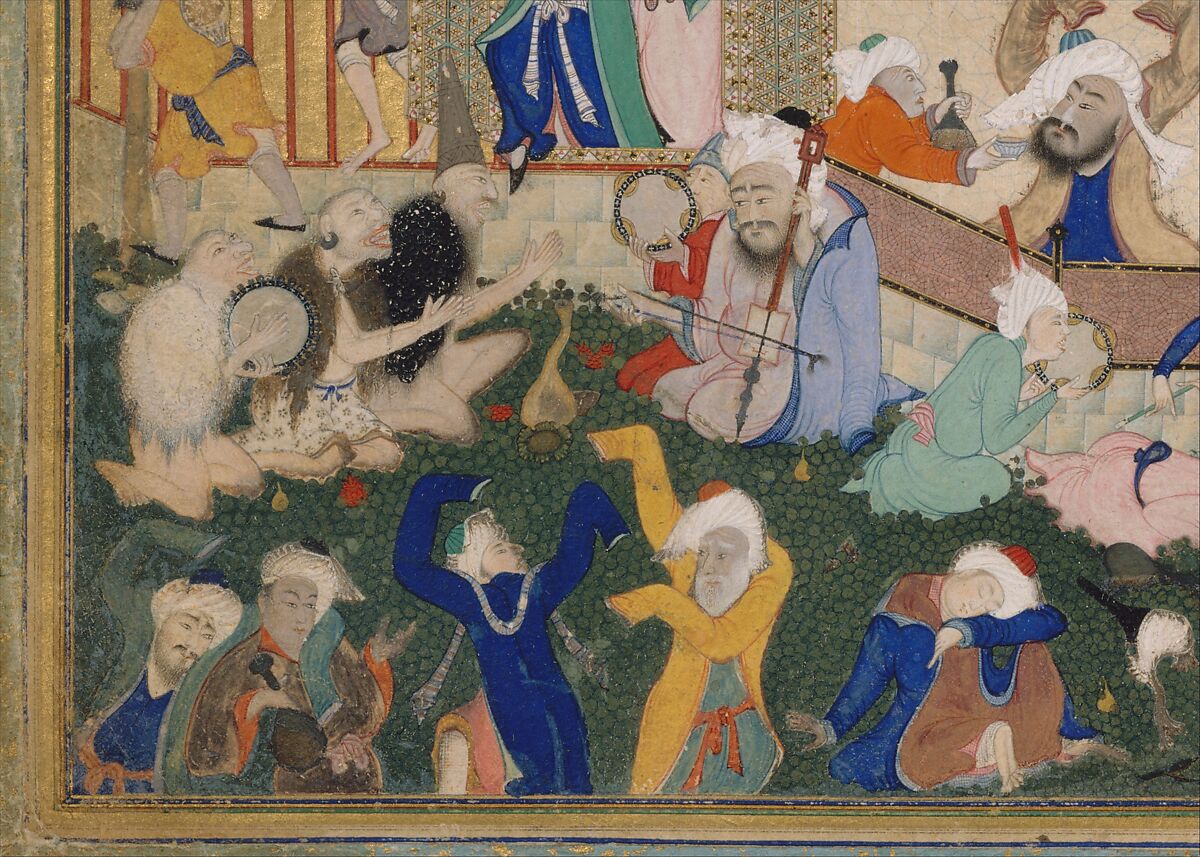"Allegory of Worldly and Otherworldly Drunkenness", Folio from the Divan of Hafiz, Hafiz (Iranian, Shiraz ca. 1325–1390 Shiraz), Opaque watercolor, ink, and gold on paper