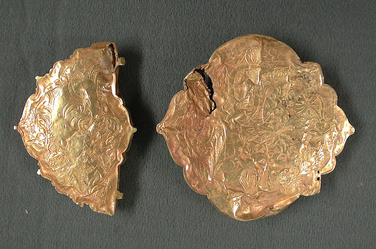 Jewelry Elements, Gold sheet; worked, chased, and set  with turquoise, gray chalcedony, and glass