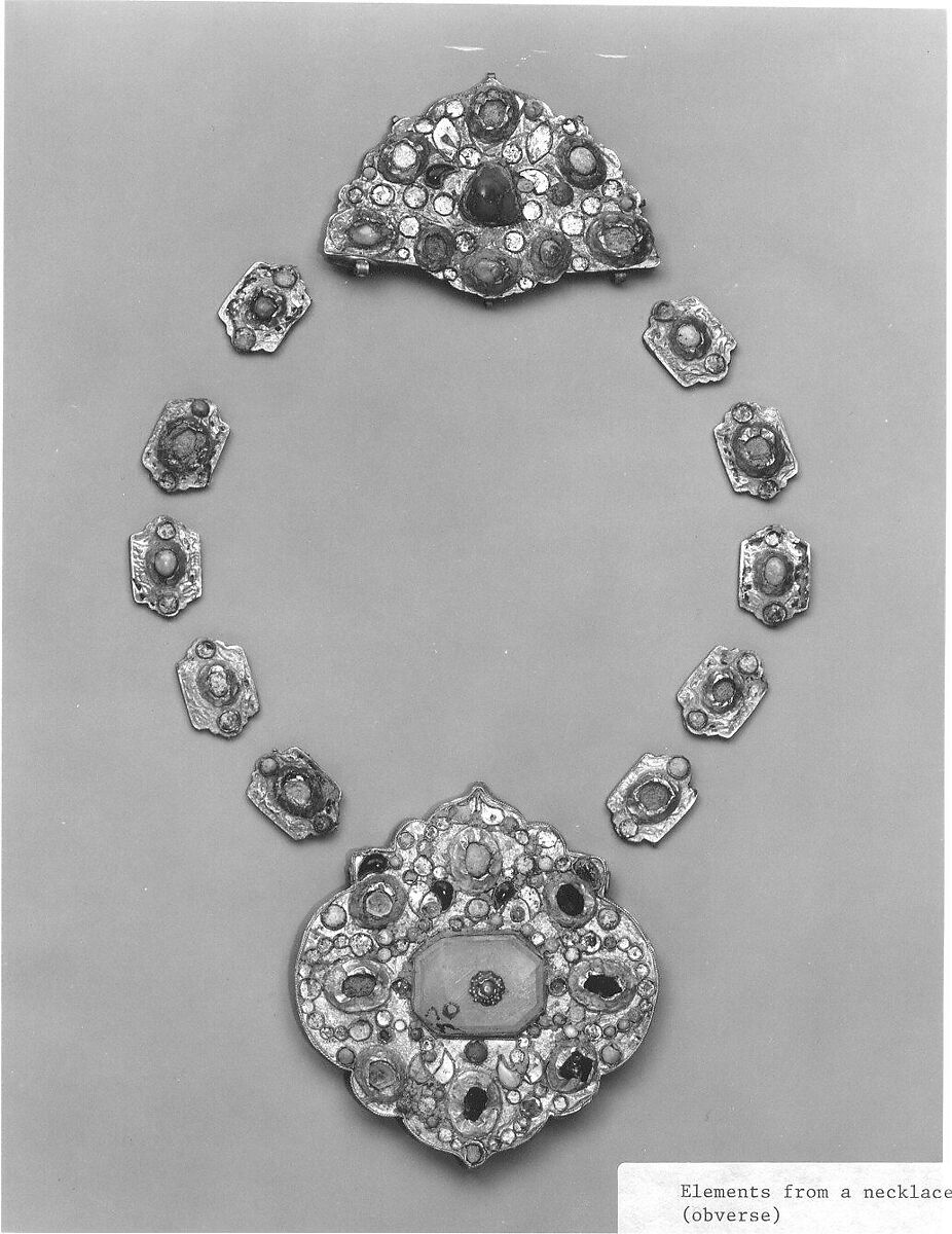 Jewelry Elements, Gold sheet; worked, chased, and set  with turquoise, gray chalcedony, and glass