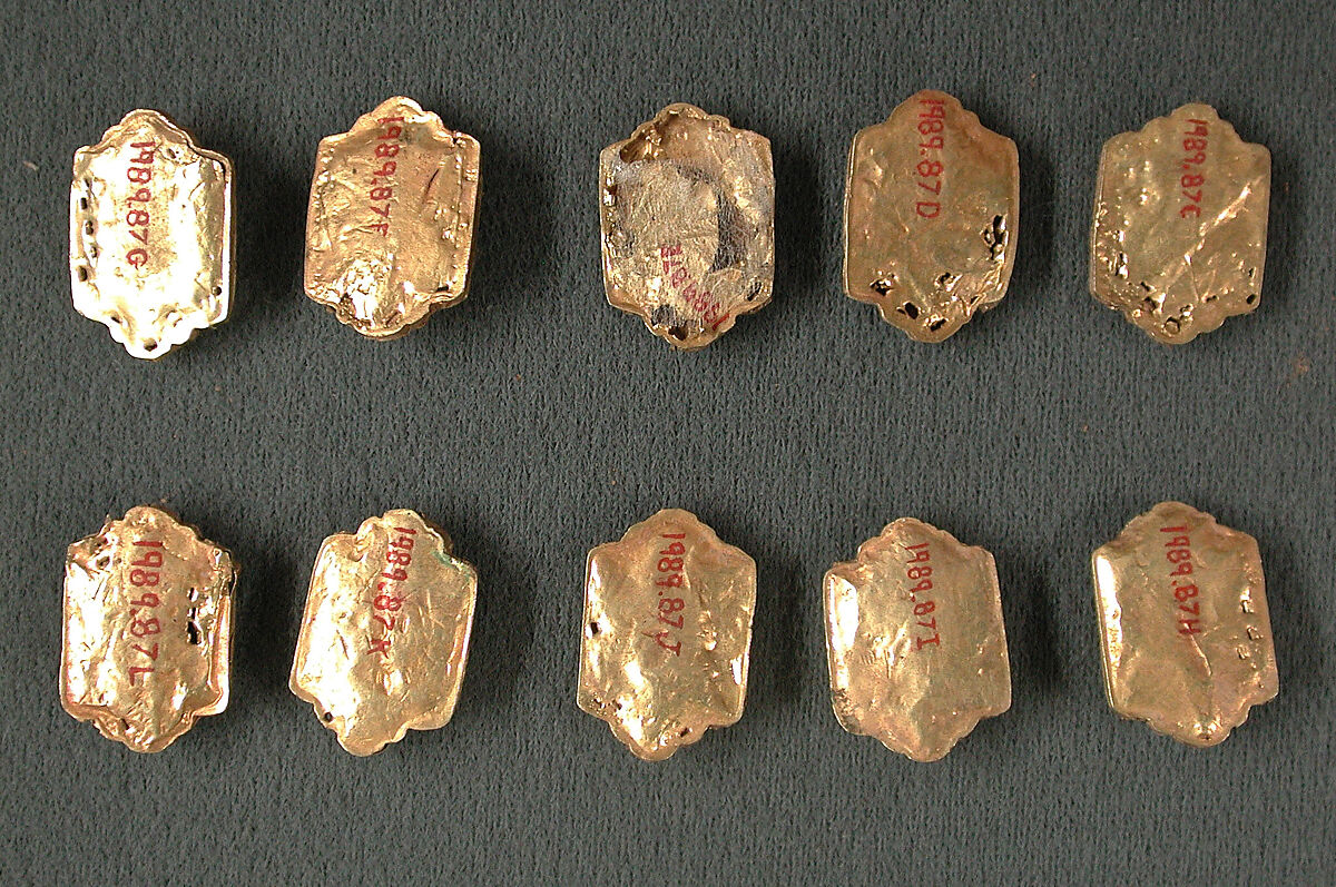 Jewelry Elements, Gold sheet; worked, chased, and set  with turquoise, gray chalcedony, and glass