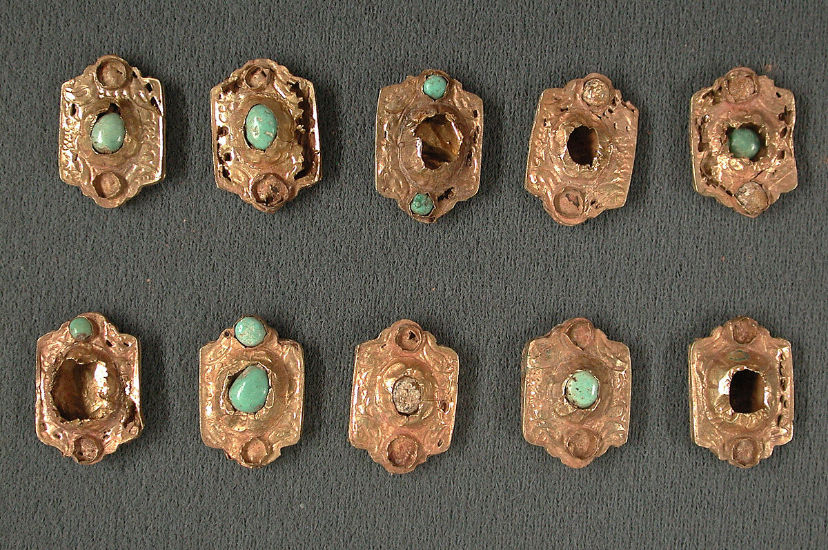 Jewelry Elements, Gold sheet; worked, chased, and set  with turquoise, gray chalcedony, and glass