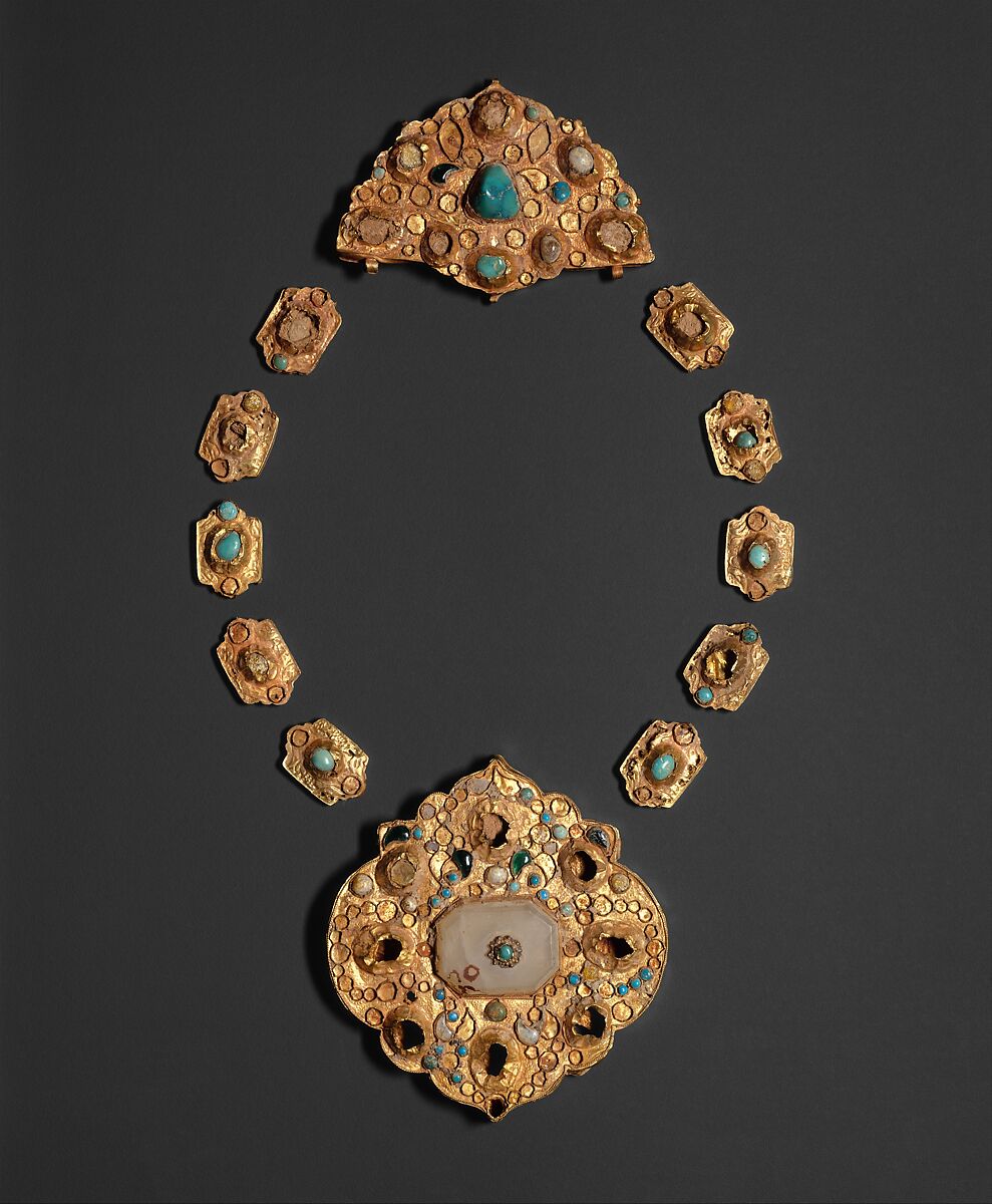 Jewelry Elements, Gold sheet; worked, chased, and set  with turquoise, gray chalcedony, and glass