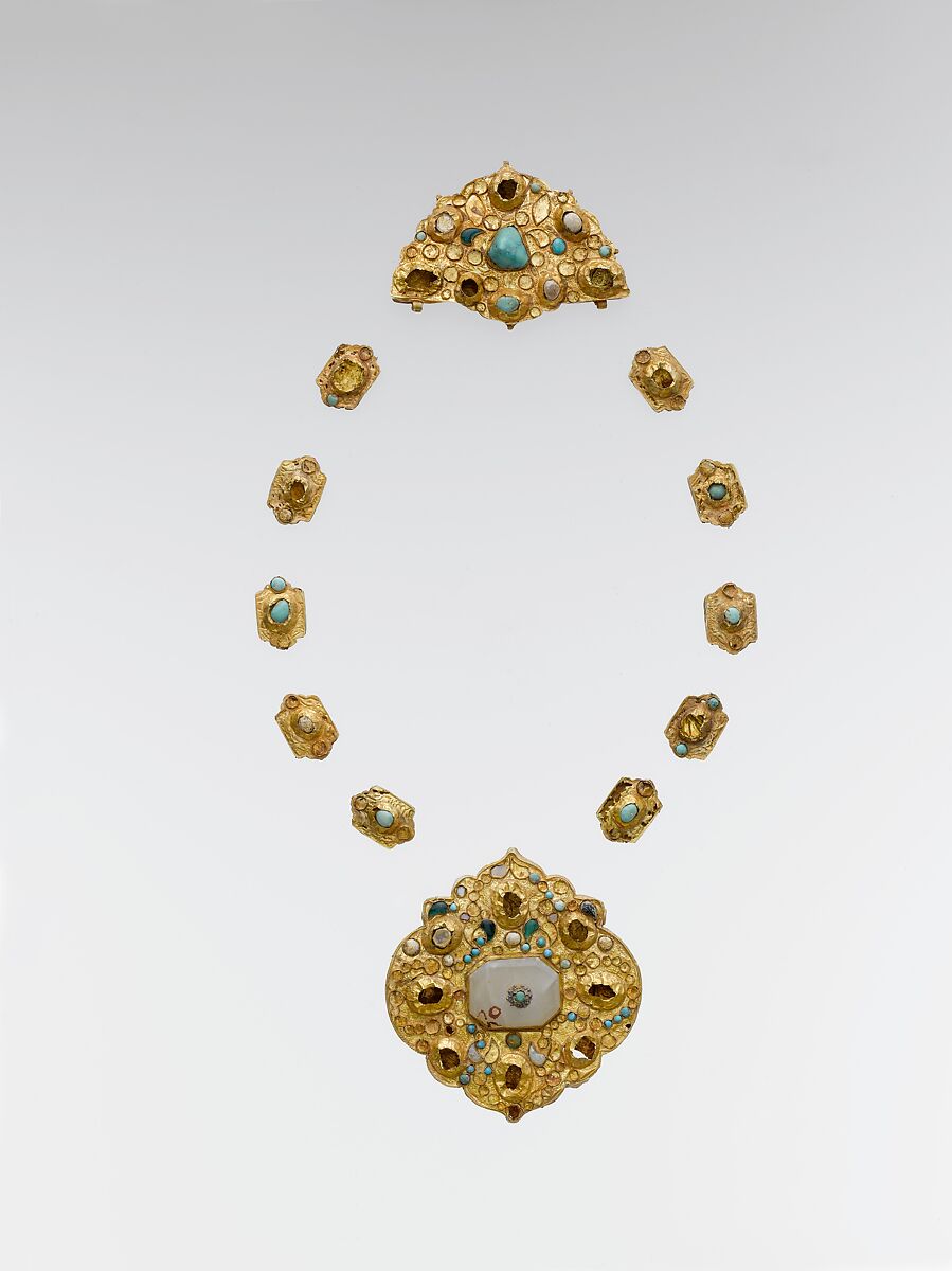 Jewelry Elements, Gold sheet; worked, chased, and set  with turquoise, gray chalcedony, and glass 