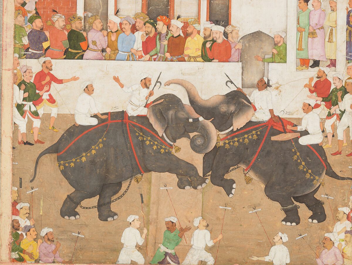 "Shah Jahan Watching an Elephant Fight", Folio from a Padshahnama, Bulaqi, Ink, opaque watercolor, and gold on paper