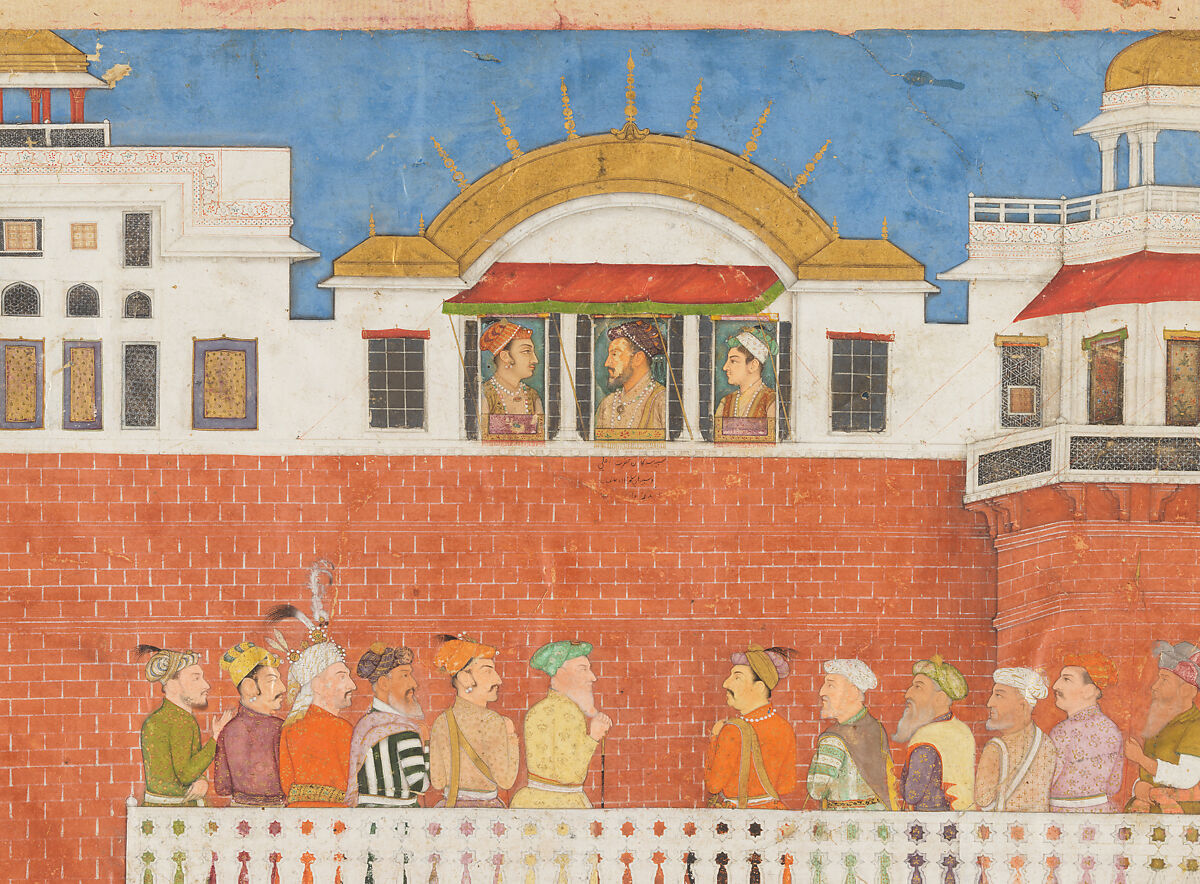 "Shah Jahan Watching an Elephant Fight", Folio from a Padshahnama, Bulaqi, Ink, opaque watercolor, and gold on paper