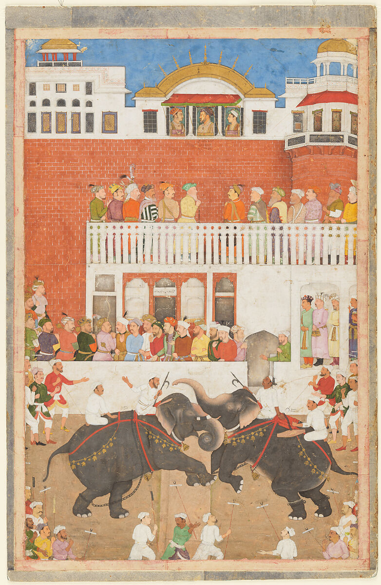 "Shah Jahan Watching an Elephant Fight", Folio from a Padshahnama, Bulaqi, Ink, opaque watercolor, and gold on paper 