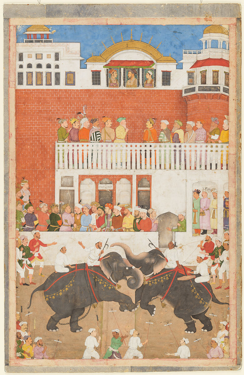 "Shah Jahan Watching an Elephant Fight", Folio from a Padshahnama, Bulaqi, Ink, opaque watercolor, and gold on paper