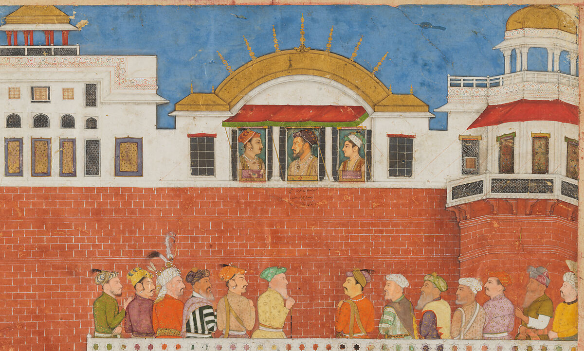 "Shah Jahan Watching an Elephant Fight", Folio from a Padshahnama, Bulaqi, Ink, opaque watercolor, and gold on paper