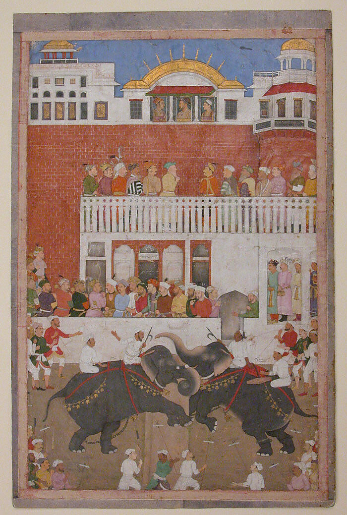 "Shah Jahan Watching an Elephant Fight", Folio from a Padshahnama, Bulaqi, Ink, opaque watercolor, and gold on paper