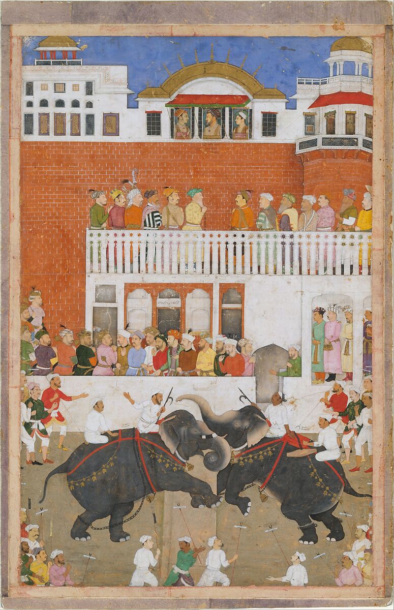 "Shah Jahan Watching an Elephant Fight", Folio from a Padshahnama, Bulaqi, Ink, opaque watercolor, and gold on paper