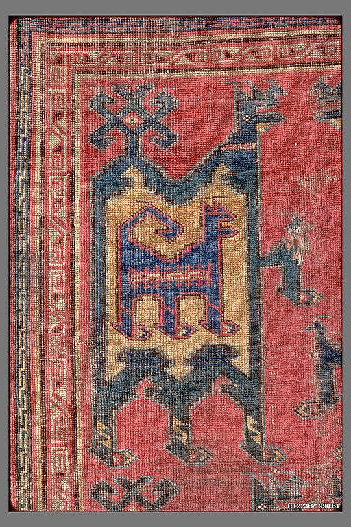 Confronted Animal Rug, Wool (warp, weft, and pile); symmetrically knotted pile