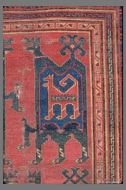 Confronted Animal Rug, Wool (warp, weft, and pile); symmetrically knotted pile