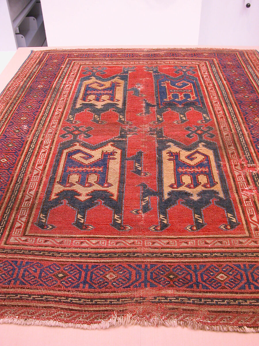 Confronted Animal Rug, Wool (warp, weft, and pile); symmetrically knotted pile