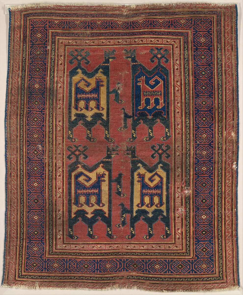 Confronted Animal Rug, Wool (warp, weft, and pile); symmetrically knotted pile