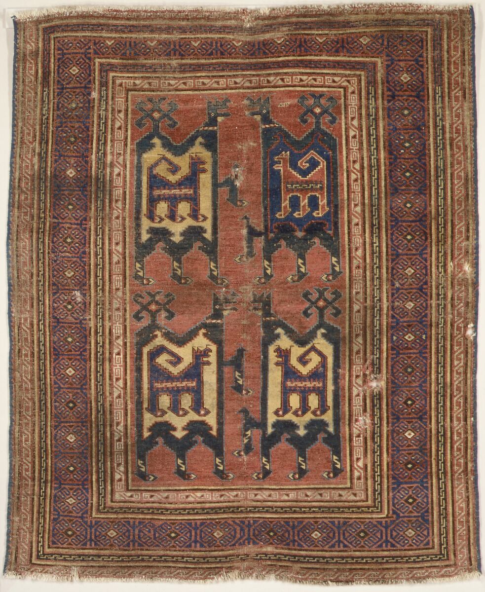 Confronted Animal Rug, Wool (warp, weft, and pile); symmetrically knotted pile