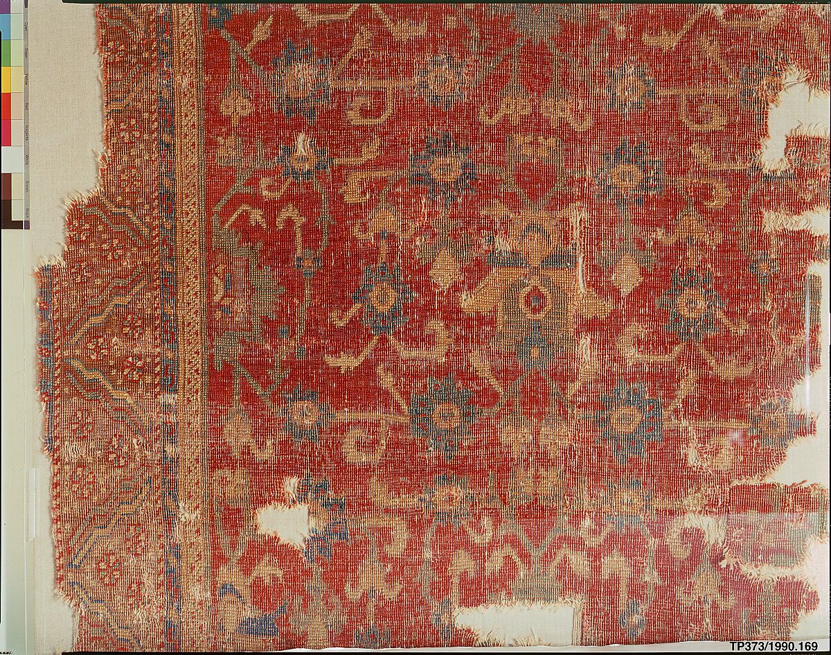 Carpet with Chintimani Border and Lotus Design, Animal hair (warp and weft), wool (pile); asymmetrically knotted pile