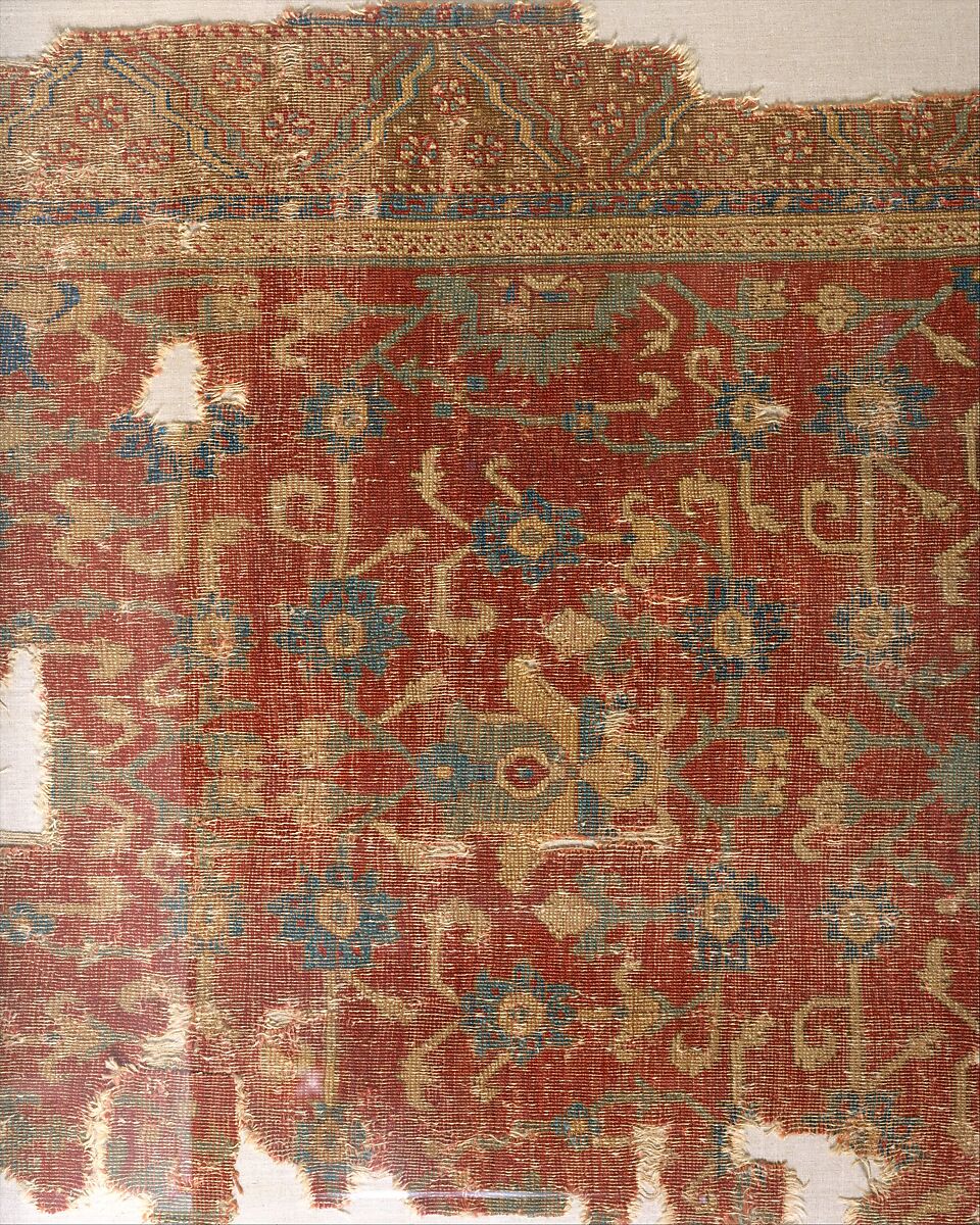 Carpet with Chintimani Border and Lotus Design, Animal hair (warp and weft), wool (pile); asymmetrically knotted pile