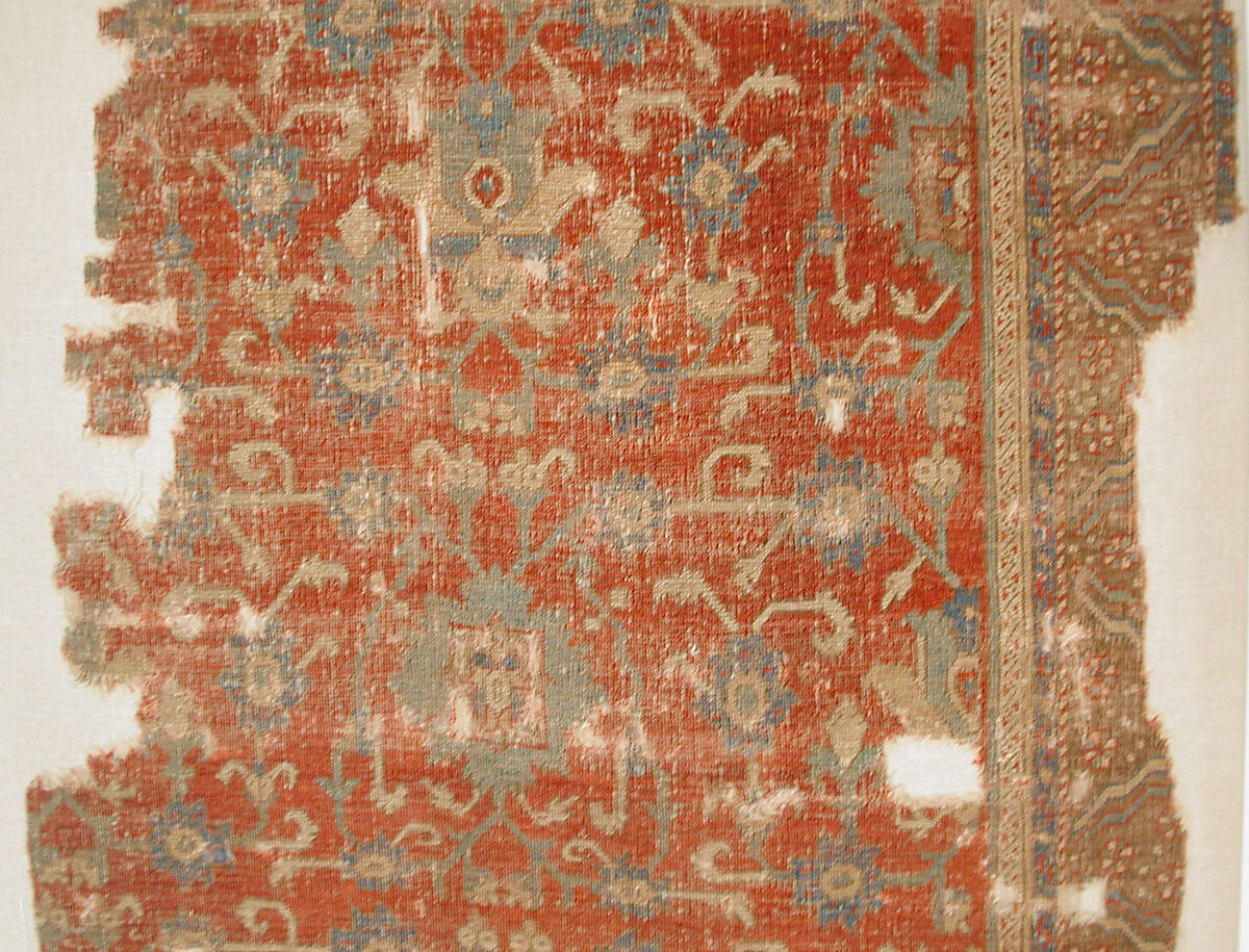 Carpet with Chintimani Border and Lotus Design, Animal hair (warp and weft), wool (pile); asymmetrically knotted pile