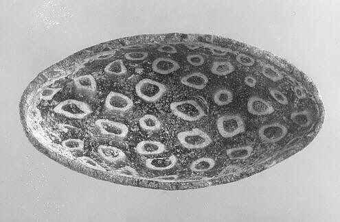 Small Millefiori Bowl, Glass, blue and opaque white mosaic; fused and slumped, probably ground and polished, applied disk foot