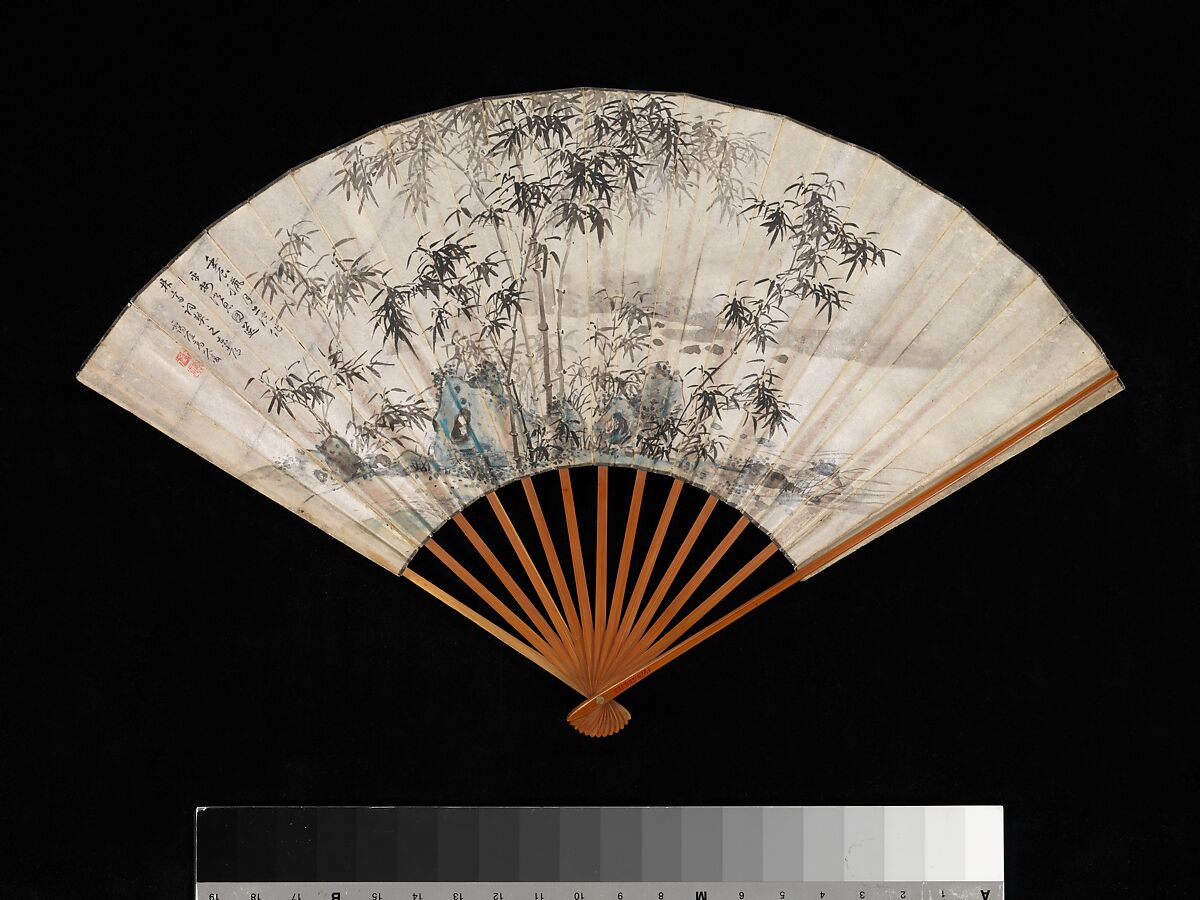 Bamboo and Rocks by a Stream, Takaku Aigai (Japanese, 1796–1843), Folding fan; ink on paper, wood ribs, Japan 