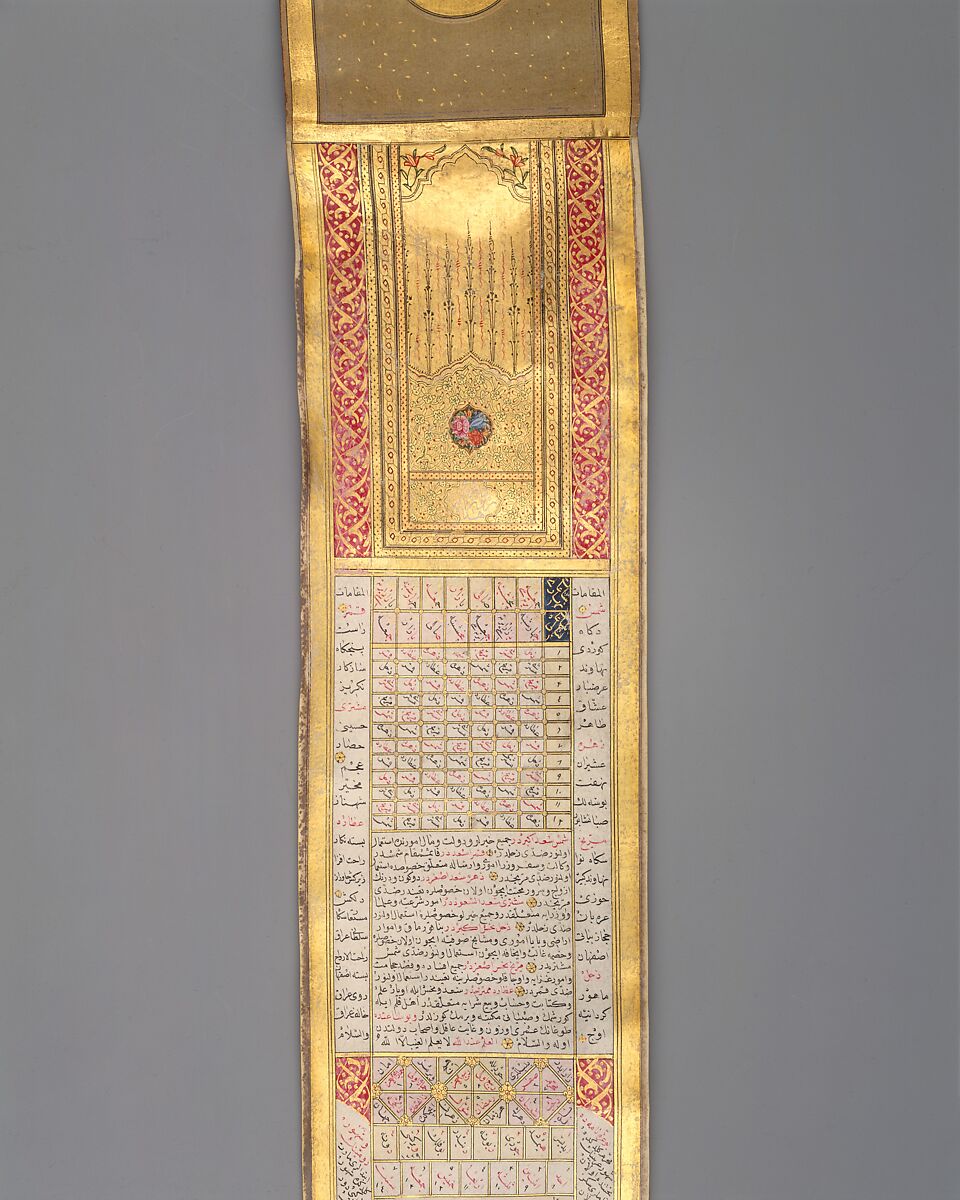 Calendar-Almanac in Scroll Form, Signed and dated by Katib Muhammad Ma&#39;ruf Na&#39;ili, Ink, opaque watercolor, and gold on parchment 