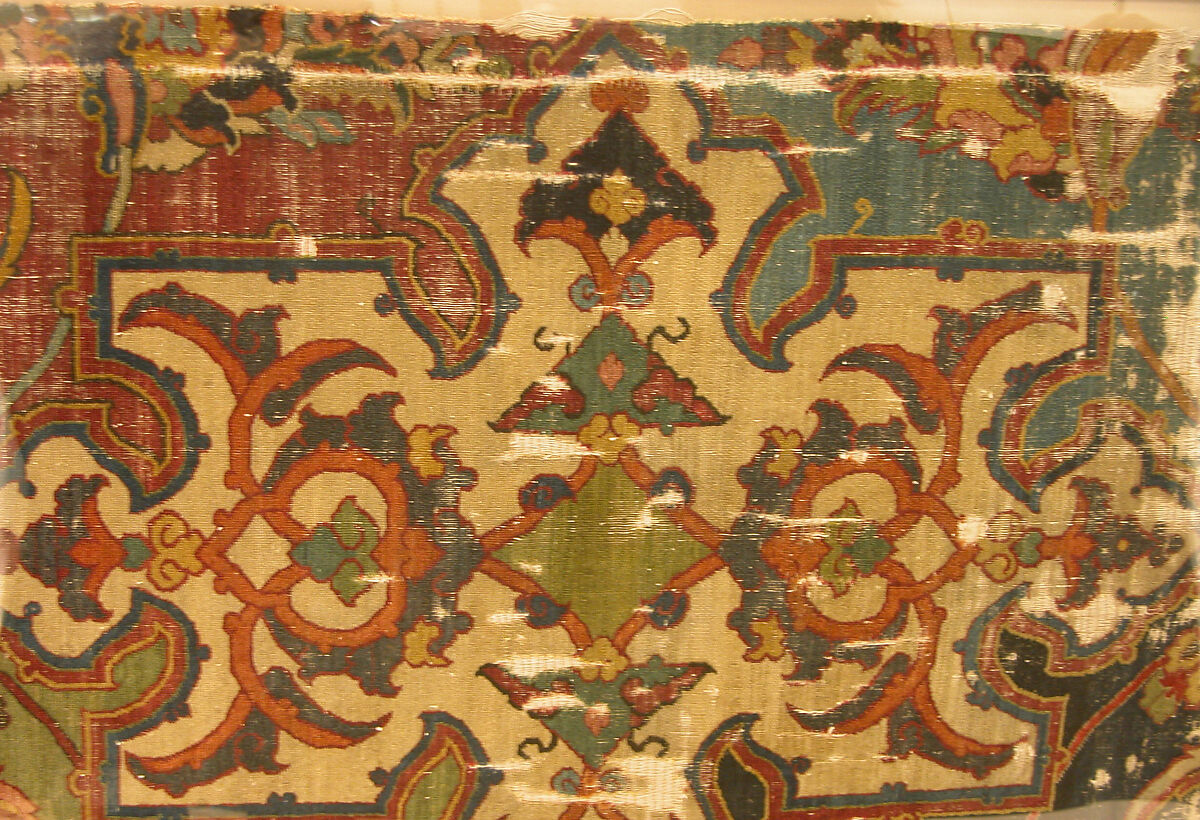 Khurasan Carpet Fragment, Cotton (warp), silk (weft), wool (weft and pile); asymmetrically knotted pile