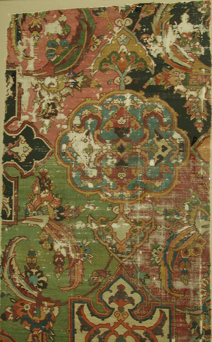 Khurasan Carpet Fragment, Cotton (warp), silk (weft), wool (weft and pile); asymmetrically knotted pile
