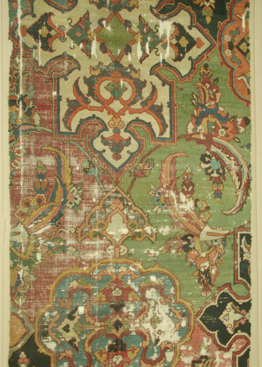Khurasan Carpet Fragment, Cotton (warp), silk (weft), wool (weft and pile); asymmetrically knotted pile