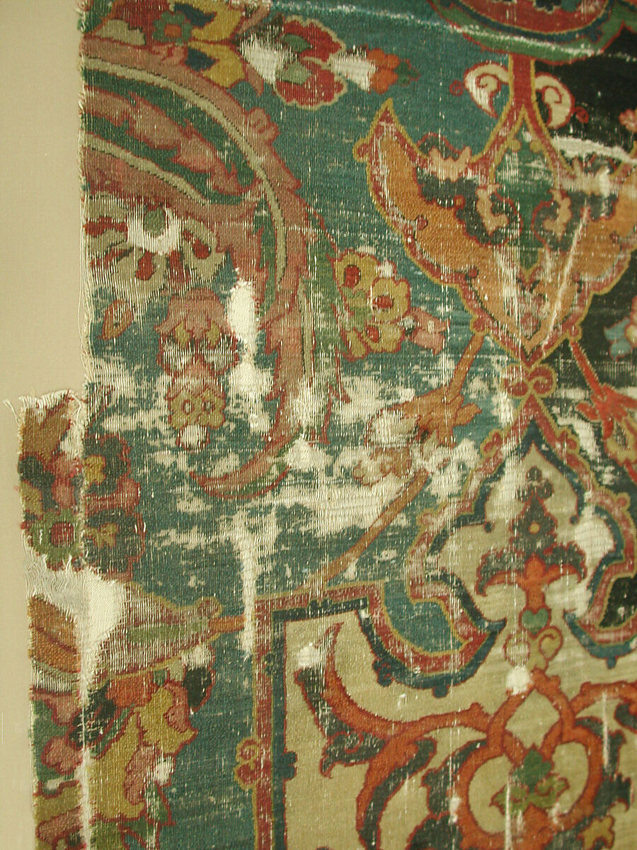 Khurasan Carpet Fragment, Cotton (warp), silk (weft), wool (weft and pile); asymmetrically knotted pile