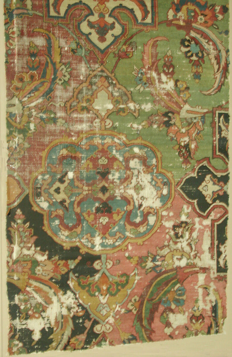 Khurasan Carpet Fragment, Cotton (warp), silk (weft), wool (weft and pile); asymmetrically knotted pile