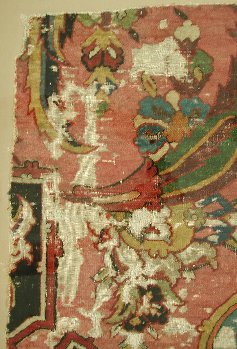 Khurasan Carpet Fragment, Cotton (warp), silk (weft), wool (weft and pile); asymmetrically knotted pile