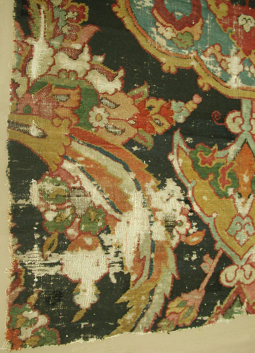 Khurasan Carpet Fragment, Cotton (warp), silk (weft), wool (weft and pile); asymmetrically knotted pile
