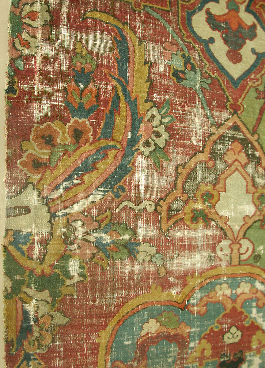 Khurasan Carpet Fragment, Cotton (warp), silk (weft), wool (weft and pile); asymmetrically knotted pile