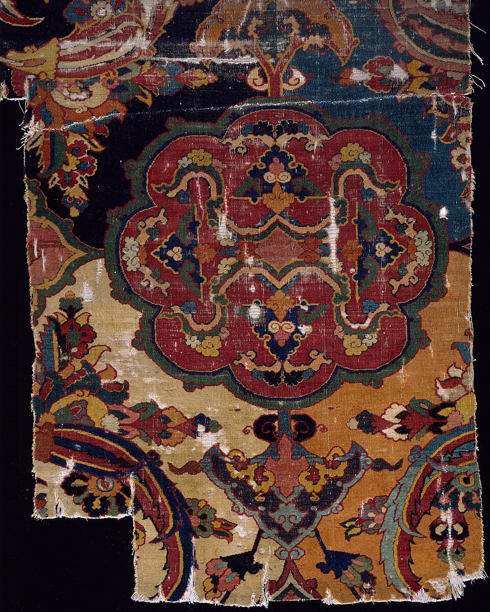Khurasan Carpet Fragment, Cotton (warp), silk (weft), wool (weft and pile); asymmetrically knotted pile