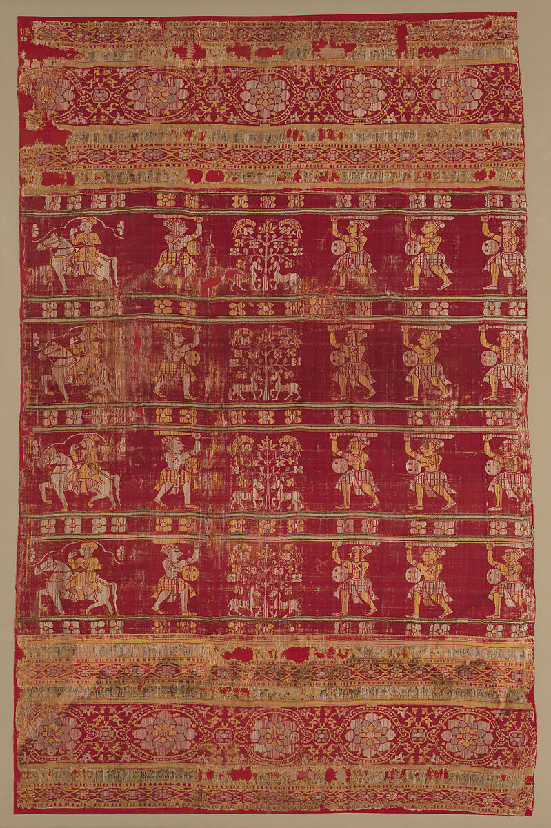 Part of a Hanging or Curtain, Silk; satin weave with weft-patterned and warp-patterned stripes