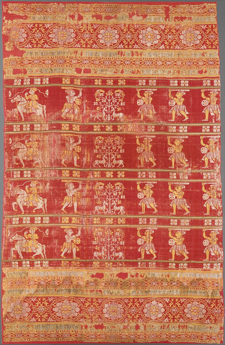 Part of a Hanging or Curtain, Silk; satin weave with weft-patterned and warp-patterned stripes